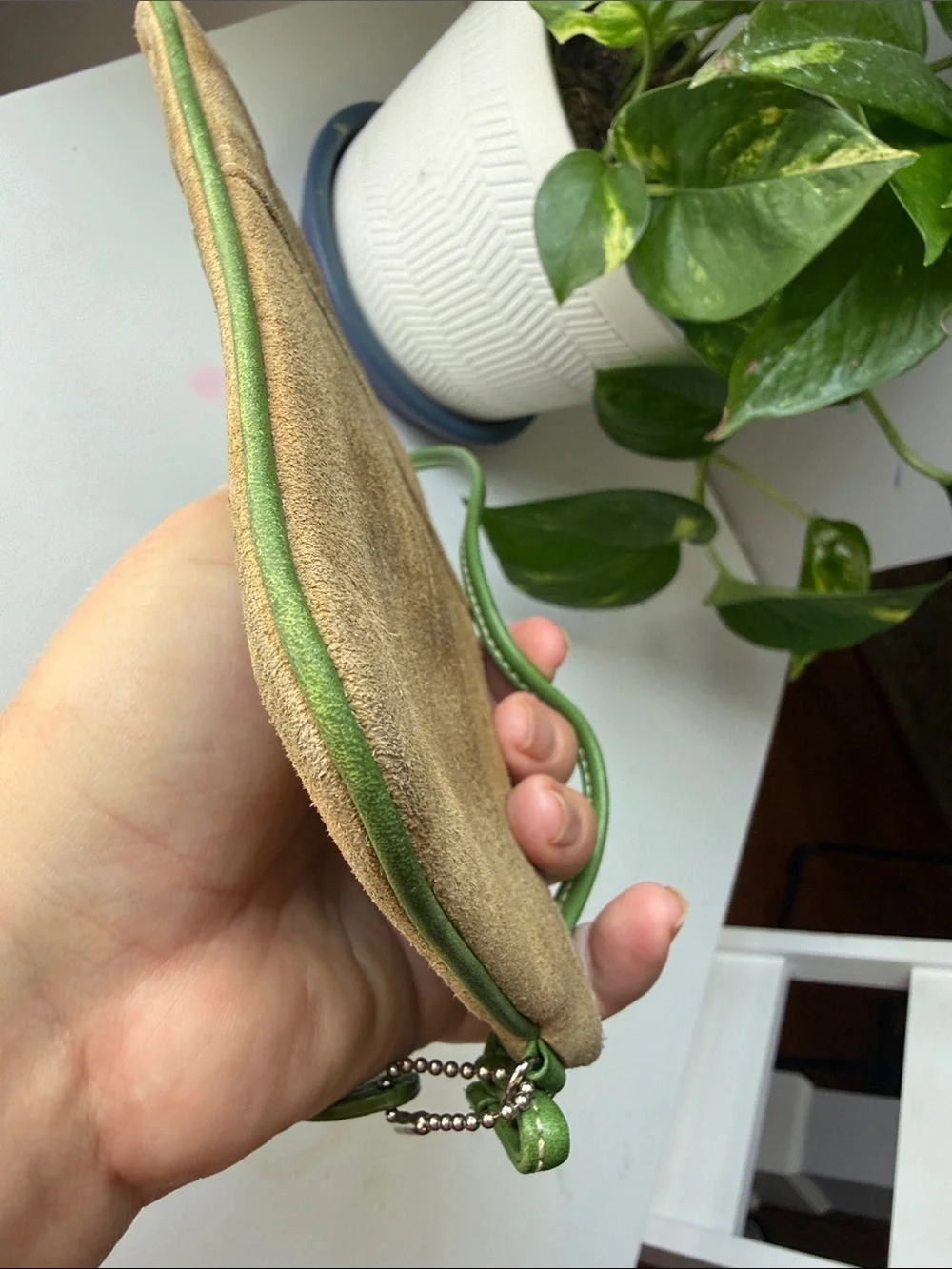 Coach Tan Suede Wristlet with Green Trim